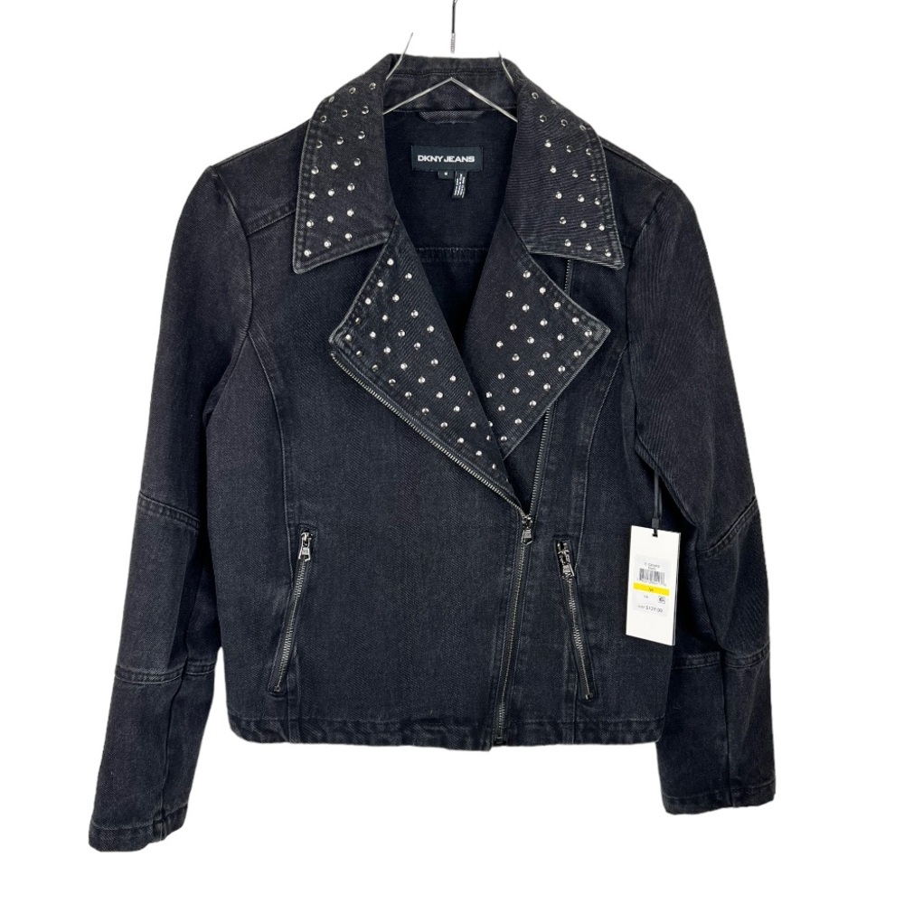 DKNY Studded Denim Moto Asymmetrical Zipper Jacket Size Medium NWT Black